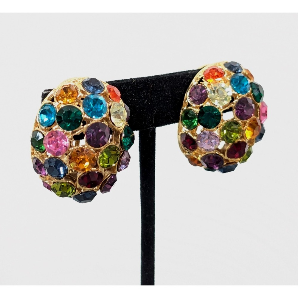 Vintage Blanca 1980s Rainbow Multicolor Dome Clip‎ On Earrings Sparkle Gold Tone